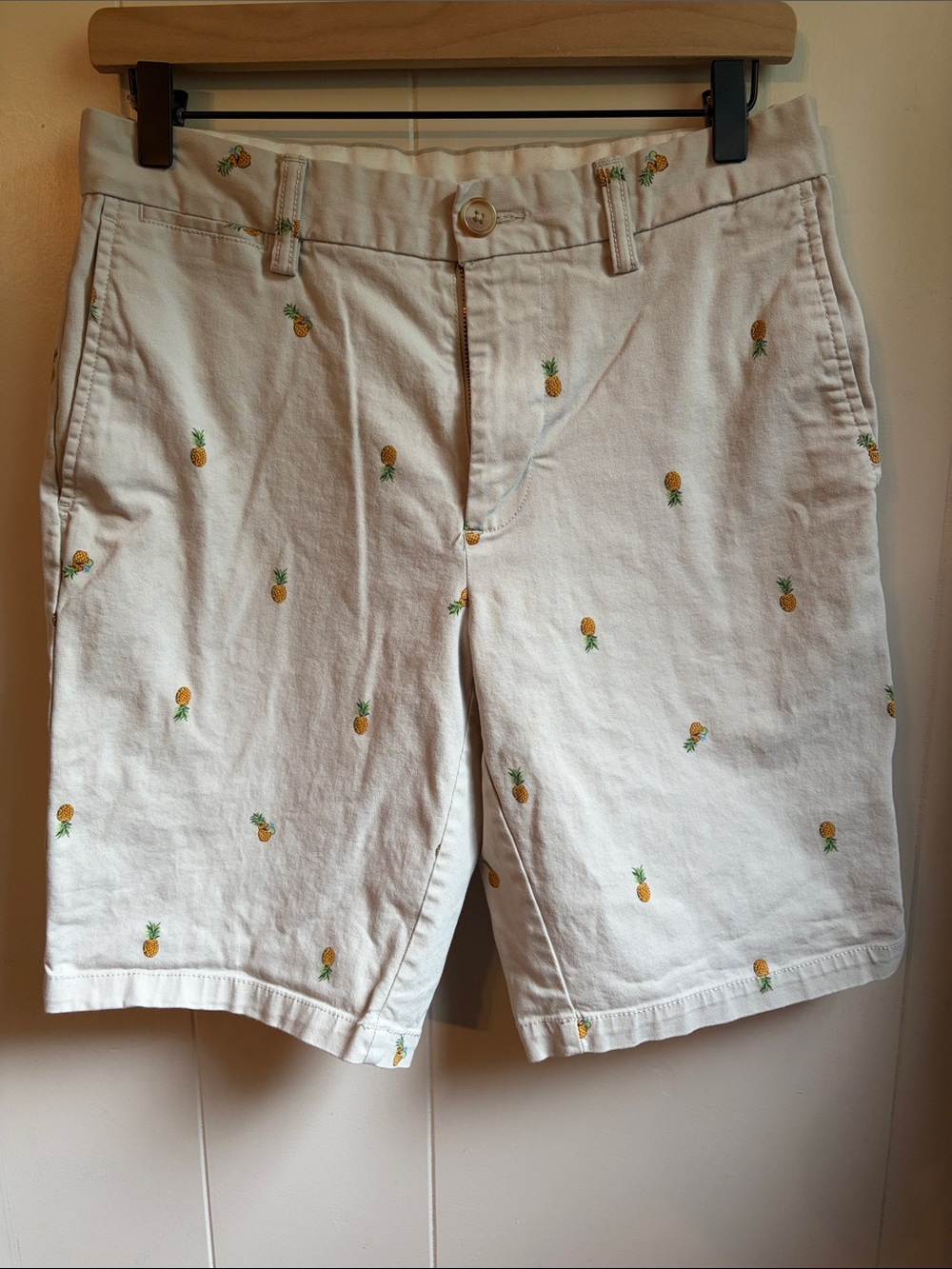 Old Navy White Flat-Front Shorts with Pineapple Embroidery